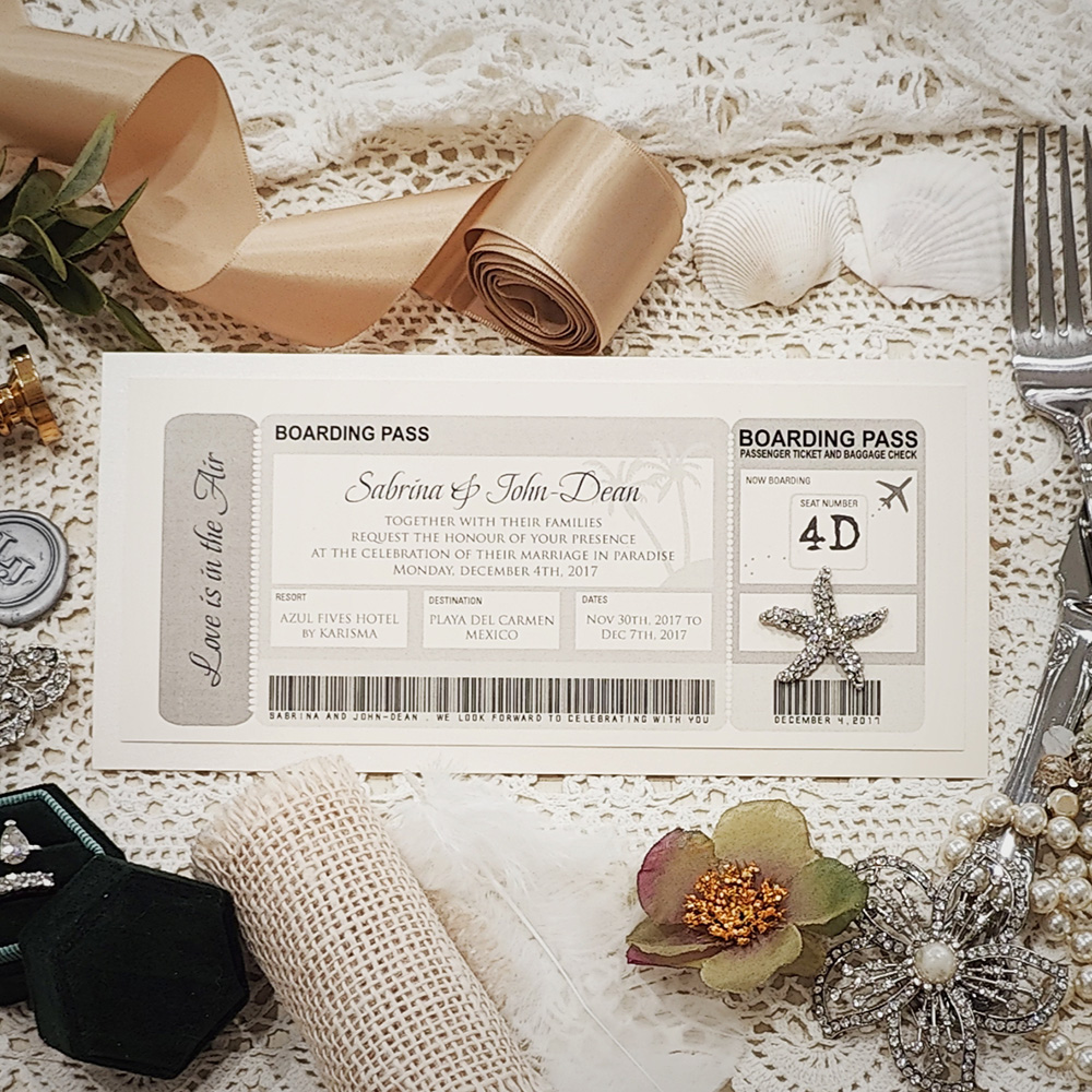 Invitation 8201: Matte Cream, Brooch/Buckle A10 - boarding pass layered with starfish brooch