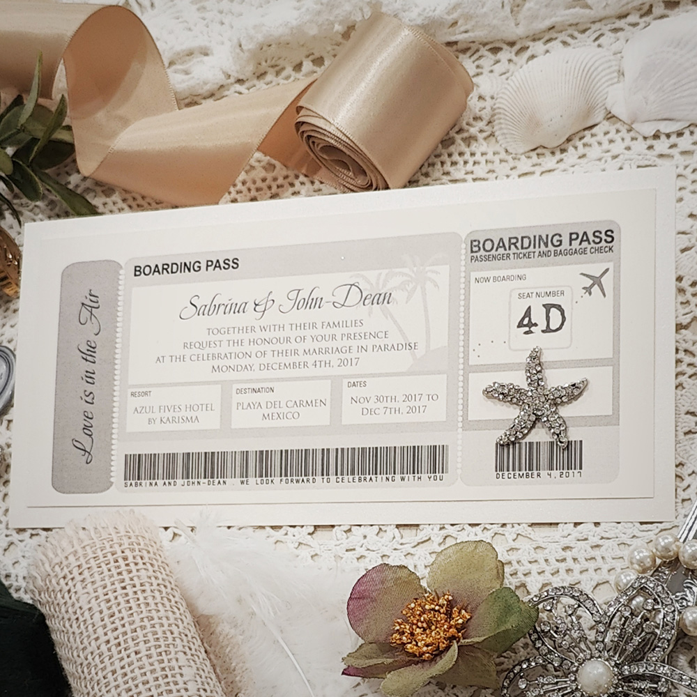 Invitation 8201: Matte Cream, Brooch/Buckle A10 - boarding pass layered with starfish brooch