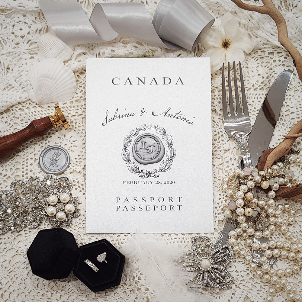 Invitation 8202: Matte Cream, Silver Wax - passport silver ore with silver wax seal