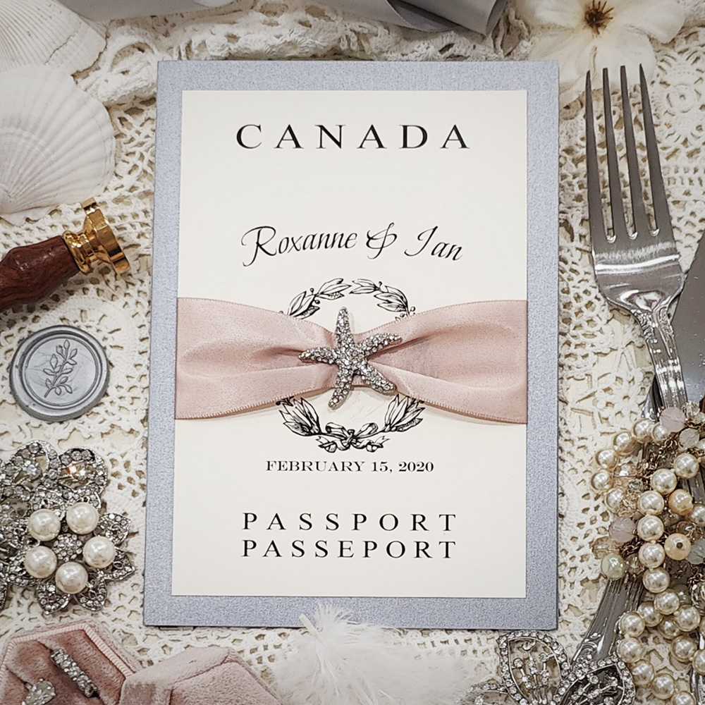 Invitation 8203: Silver Ore, Cream Smooth, Blush Ribbon, Brooch/Buckle A10 - silver ore passport with blush ribbon and rhinestone starfish brooch