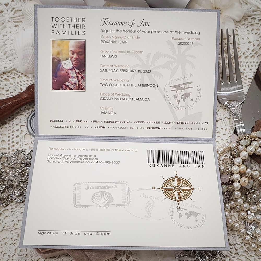 Invitation 8203: Silver Ore, Cream Smooth, Blush Ribbon, Brooch/Buckle A10 - silver ore passport with blush ribbon and rhinestone starfish brooch