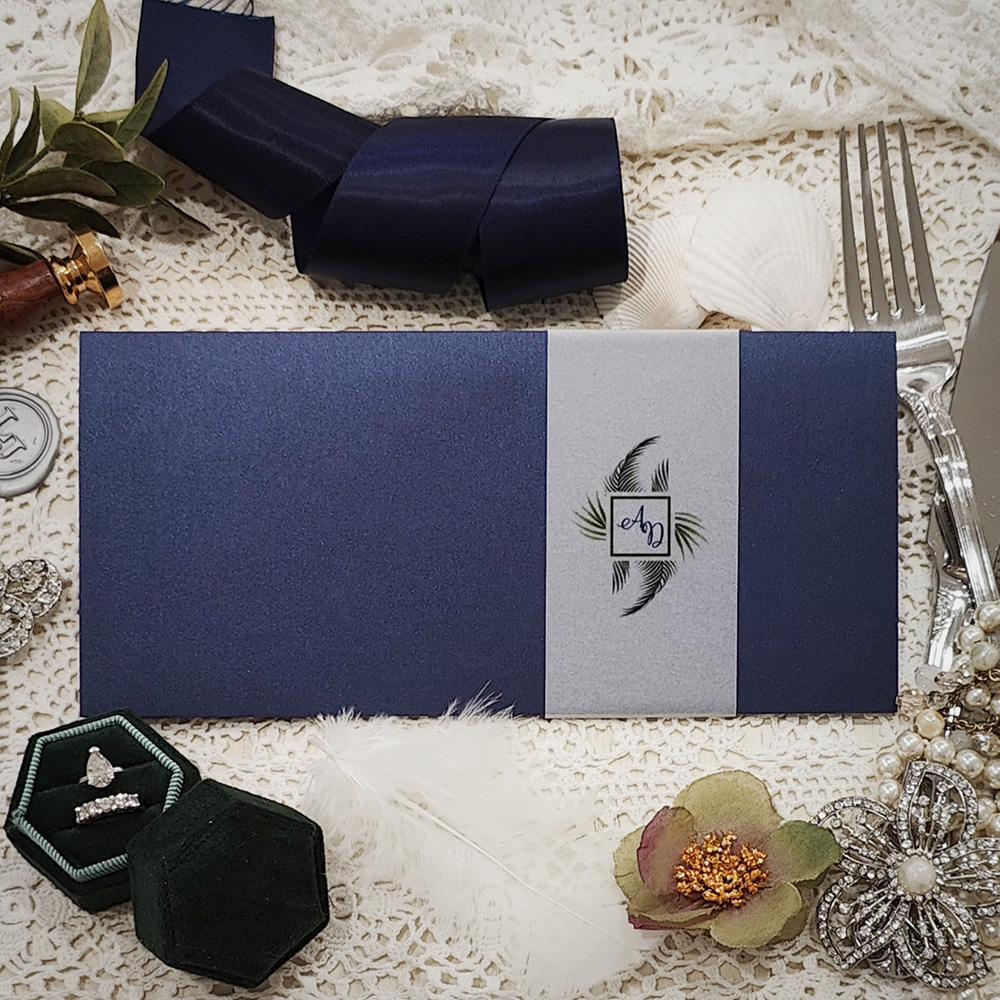 Invitation 8204: Navy Pearl, Cream Smooth - navy trifold pocketfold boarding pass with vellum band