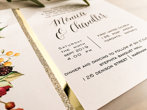 Invitation 2100: Petal Pink, Champagne Glitter - This is single folded over card with a floral detail on the left.  There is a double layer of champagne glitter and gold mirror.
