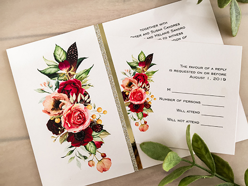 Invitation 2100: Petal Pink, Champagne Glitter - This is single folded over card with a floral detail on the left.  There is a double layer of champagne glitter and gold mirror.