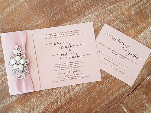 Invitation 2101: Blush Pearl, Eggplant Ribbon, Brooch/Buckle T, Metal Filigree F4 - Silver - This is a single card folded over with an eggplant ribbon and combo brooch detail on the left.