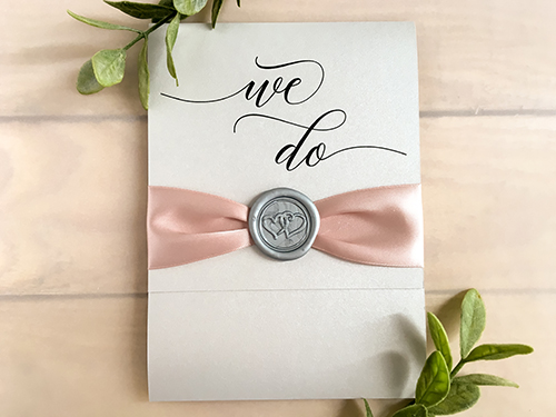 Invitation 2103: Silver Ore, Silver Wax, Deep Blush Ribbon - This is a vertical opening pocket folder on silver ore with a deep blush ribbon and silver wax seal design.
