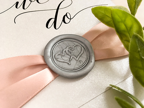 Invitation 2103: Silver Ore, Silver Wax, Deep Blush Ribbon - This is a vertical opening pocket folder on silver ore with a deep blush ribbon and silver wax seal design.