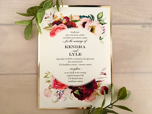 Invitation 2104: White Gold, Gold Mirror - This is a layered single card design where the invite is printed on a white gold pearl paper with a gold mirror backing.