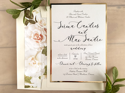 Invitation 2105: Ice Pearl, Gold Mirror - This is a layered single card design printed on ice pearl paper with a gold mirror backing.  There is floral liner on the envelope.