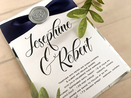 Invitation 2106: Ice Pearl, Silver Mirror, Silver Wax, Black Ribbon - This is a layered single card invite on ice pearl with silver mirror and black ribbon and silver wax seal.