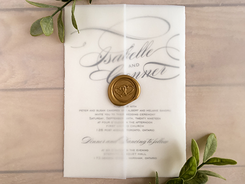 Invitation 2108: White Gold, Gold Wax - Single card design with a full vellum wrap and gold wax seal embellishment.