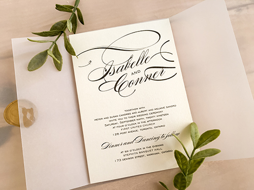 Invitation 2108: White Gold, Gold Wax - Single card design with a full vellum wrap and gold wax seal embellishment.