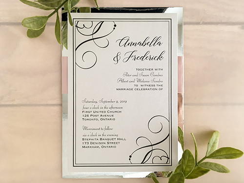 Invitation 2109: Silver Ore, Silver Mirror, Deep Blush Ribbon - This is a layered single card invite printed on silver ore paper with a silver mirror backing.