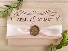Invitation 2113: Blush Pearl, Gold Wax, Petal Pink Ribbon - This is a 3/4 flap cover pocket folder wedding invitation on Blush Pearl paper  Petal pink ribbon and gold wax seal around the cover.
