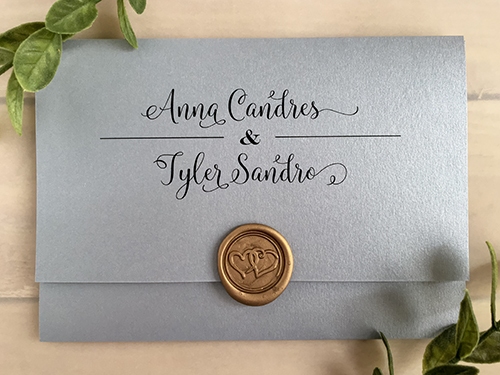 Invitation 2116: Galvanized Dark Silver, Gold Wax - This is a 3/4 flap galvanized dark silver pocket folder wedding invitation with a gold wax seal.