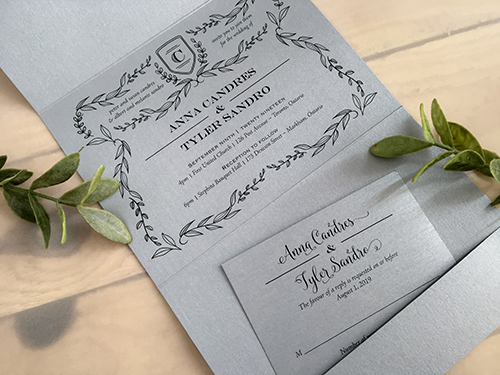 Invitation 2116: Galvanized Dark Silver, Gold Wax - This is a 3/4 flap galvanized dark silver pocket folder wedding invitation with a gold wax seal.