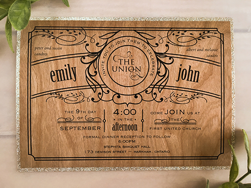 Invitation 2119: Wood, Champagne Glitter - This is a layered wedding invite printed on a wood paper paper backed with a champagne glitter backing.