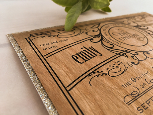 Invitation 2119: Wood, Champagne Glitter - This is a layered wedding invite printed on a wood paper paper backed with a champagne glitter backing.