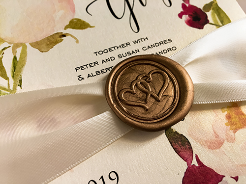 Invitation 2121: White Gold, Gold Wax, Antique Ribbon - This is a single card design printed on white gold with an antique ribbon and gold wax seal.