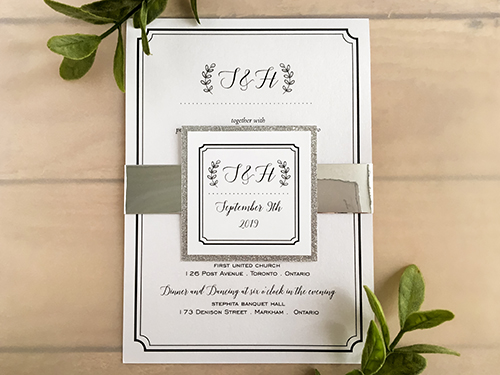 Invitation 2128: Ice Pearl, Silver Mirror - This is a single card wedding invite printed on ice pearl with a silver mirror band and silver glitter cover tag.