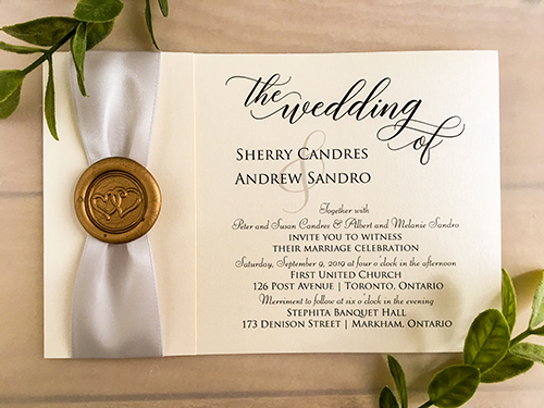 Invitation 2129: Ivory Pearl, Gold Wax, Silver Ribbon - This is a folded over wedding invite on ivory pearl with a silver ribbon and gold wax seal design.