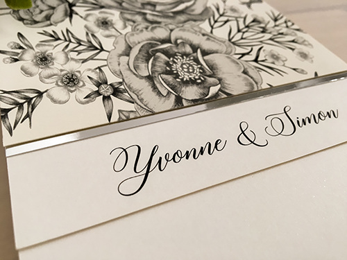 Invitation 2131: Antique Pearl, Silver Mirror - This is a vertical pocket fold wedding invite on ice pearl with a silver mirror detail.
