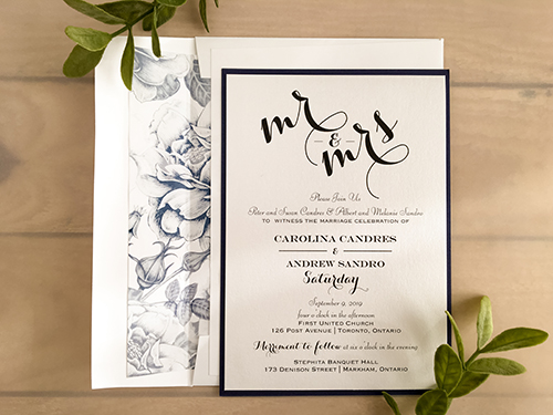 Invitation 2132: Ice Pearl, Navy Pearl - This is a layered single card wedding invite printed on ice pearl with a navy pearl backing.