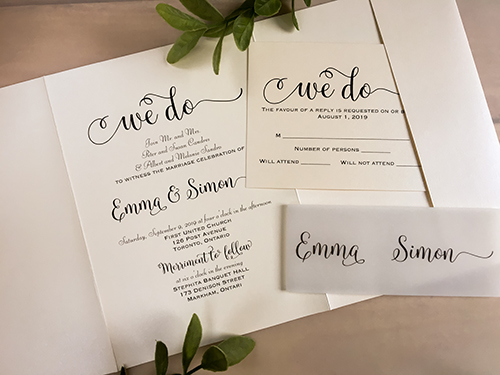 Invitation 2133: Ivory Pearl - This is a full flap pocket folder wedding invite on antique pearl with a vellum belly band.