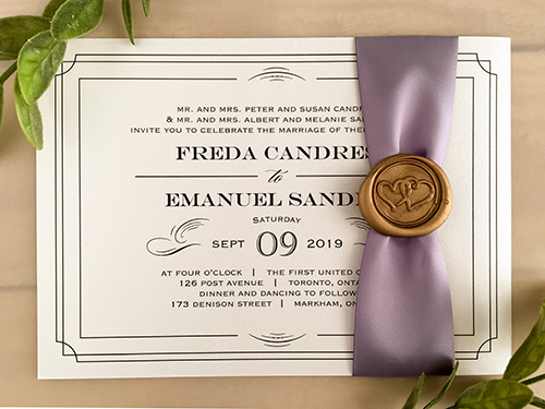 Invitation 2134: White Gold, Gold Wax, Lavender Ribbon - This is a single card landscape orientated wedding invite with a lavender ribbon and gold wax seal.