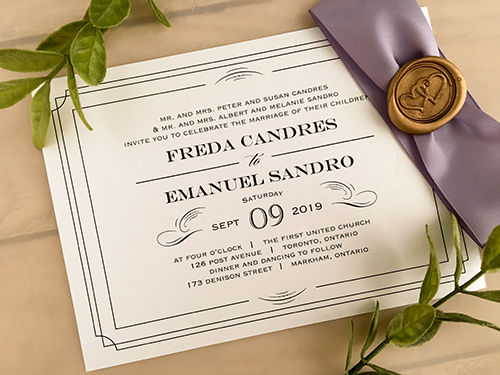 Invitation 2134: White Gold, Gold Wax, Lavender Ribbon - This is a single card landscape orientated wedding invite with a lavender ribbon and gold wax seal.