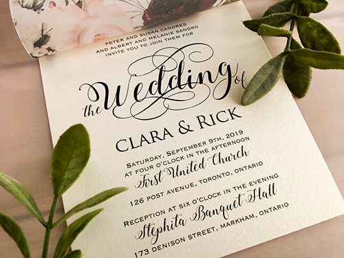 Invitation 2138: White Gold, Gold Mirror, Brooch/Buckle Q - This is a white gold pearl wedding invitation with a floral print and brooch detail.