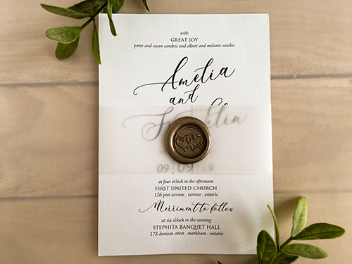 Invitation 2139: Ice Pearl, Gold Wax - This is a single card wedding invite on the ice pearl paper with vellum belly band and gold wax seal.