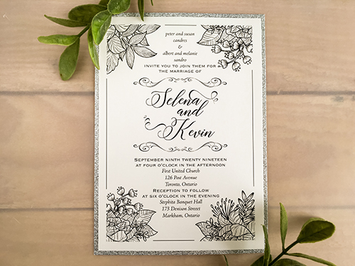 Invitation 2141: Antique Pearl, Silver Glitter - This is a layered single card wedding invite printed on the antique pearl paper with silver glitter backing.