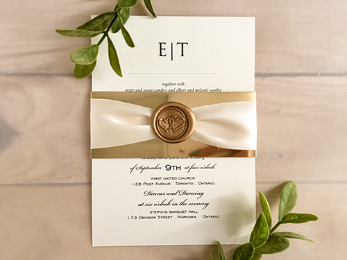 Invitation 2142: White Gold, Gold Mirror, Gold Wax, Antique Ribbon - This is a single card design on white gold pearl with a gold mirror band, and antique ribbon with gold wax seal.