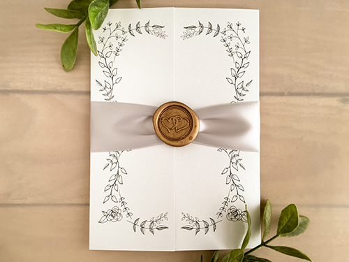 Invitation 2144: Ice Pearl, Gold Wax, Silver Ribbon - This is a gate fold wedding invite on ice pearl paper.  There is a silver ribbon and gold wax seal stamp on the design.