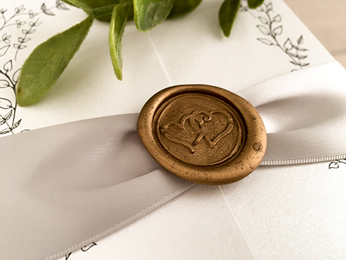 Invitation 2144: Ice Pearl, Gold Wax, Silver Ribbon - This is a gate fold wedding invite on ice pearl paper.  There is a silver ribbon and gold wax seal stamp on the design.