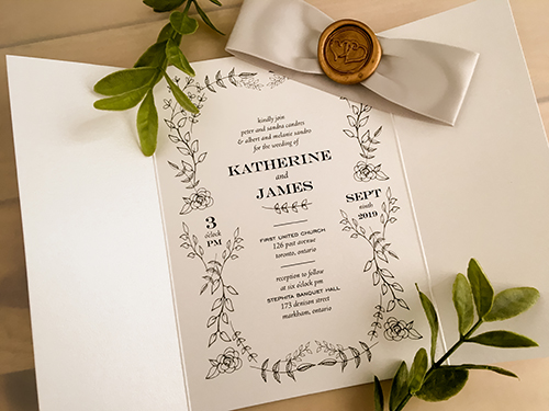 Invitation 2144: Ice Pearl, Gold Wax, Silver Ribbon - This is a gate fold wedding invite on ice pearl paper.  There is a silver ribbon and gold wax seal stamp on the design.