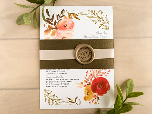 Invitation 2148: Ice Pearl, Espresso/Dark Brown Pearl, Gold Wax, Blush Ribbon - This is a single card wedding invite on ice pearl.  There is a dark brown belly band with blush ribbon and gold wax seal.