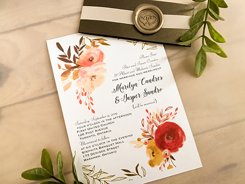 Invitation 2148: Ice Pearl, Espresso/Dark Brown Pearl, Gold Wax, Blush Ribbon - This is a single card wedding invite on ice pearl.  There is a dark brown belly band with blush ribbon and gold wax seal.
