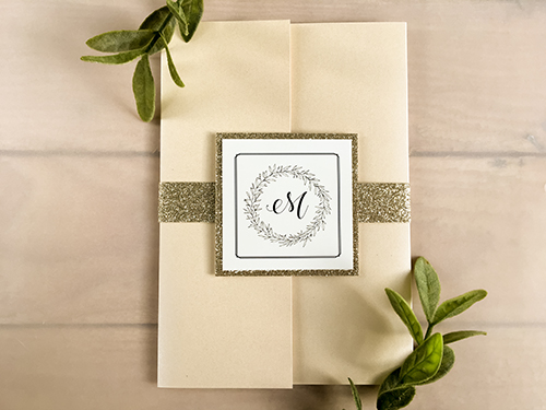 Invitation 2150: Buttermilk Pearl, Gold Glitter - This is a gate fold design wedding invitation on buttermilk pearl.  There is a gold glitter band with layered cover tag.