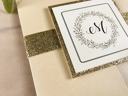 Invitation 2150: Buttermilk Pearl, Gold Glitter - This is a gate fold design wedding invitation on buttermilk pearl.  There is a gold glitter band with layered cover tag.