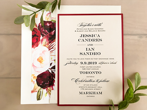 Invitation 2154: Ivory Pearl, Cranberry Pearl - This is a single card wedding design that is printed on ivory pearl and layered with cranberry pearl.  There is a floral envelope liner.