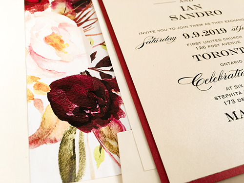 Invitation 2154: Ivory Pearl, Cranberry Pearl - This is a single card wedding design that is printed on ivory pearl and layered with cranberry pearl.  There is a floral envelope liner.