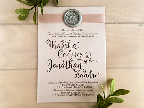 Invitation 2155: Blush Pearl, Silver Wax, Deep Blush Ribbon - This is a single card invite printed on blush pearl paper.  There is a blush ribbon with silver wax seal design.