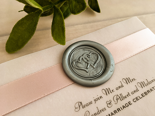 Invitation 2155: Blush Pearl, Silver Wax, Deep Blush Ribbon - This is a single card invite printed on blush pearl paper.  There is a blush ribbon with silver wax seal design.