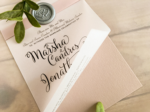 Invitation 2155: Blush Pearl, Silver Wax, Deep Blush Ribbon - This is a single card invite printed on blush pearl paper.  There is a blush ribbon with silver wax seal design.