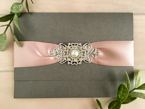 Invitation 2157: Charcoal Pearl, White Smooth, Deep Blush Ribbon, Brooch/Buckle Q, Metal Filigree F4 - Silver - This is a pocket style wedding invite using the charcoal pearl paper.  There is a deep blush ribbon and combo brooch element.