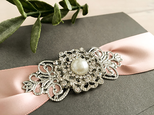 Invitation 2157: Charcoal Pearl, White Smooth, Deep Blush Ribbon, Brooch/Buckle Q, Metal Filigree F4 - Silver - This is a pocket style wedding invite using the charcoal pearl paper.  There is a deep blush ribbon and combo brooch element.