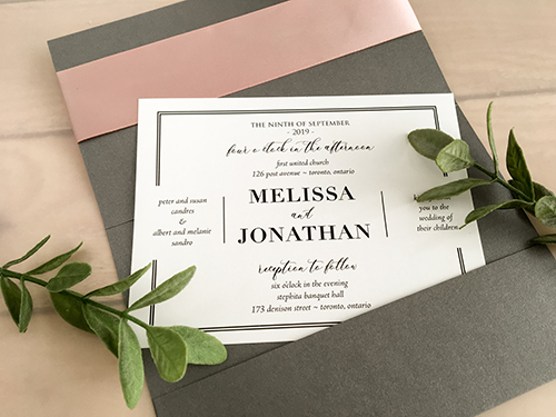 Invitation 2157: Charcoal Pearl, White Smooth, Deep Blush Ribbon, Brooch/Buckle Q, Metal Filigree F4 - Silver - This is a pocket style wedding invite using the charcoal pearl paper.  There is a deep blush ribbon and combo brooch element.