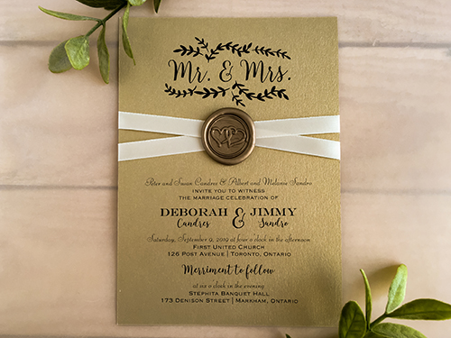 Invitation 2159: Gold Pearl, Gold Wax, Antique Ribbon - This is a gold pearl single card wedding invitation with a criss cross antique ribbons and gold wax seal.